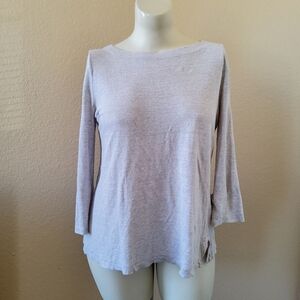 Eileen Fisher Striped Organic Linen Top Size L White Grey 3/4 Sleeve